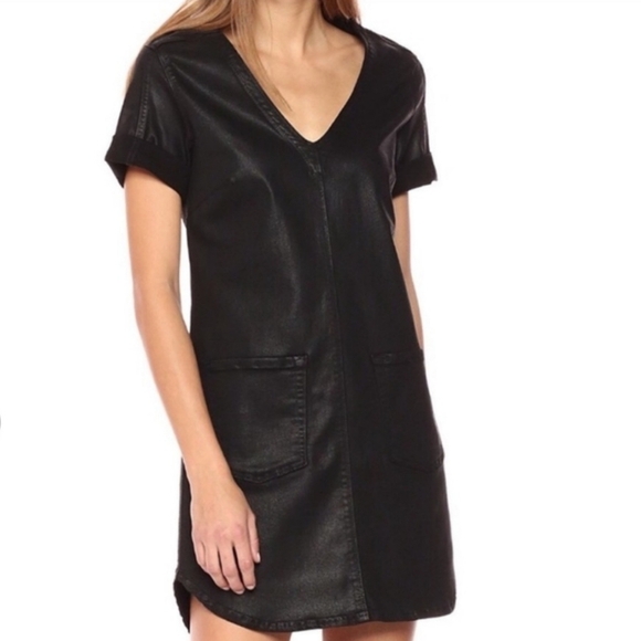 Seven 7 for all mankind Black  coated denim V-Neck Short Sleeve shift jean Dress - Picture 1 of 9